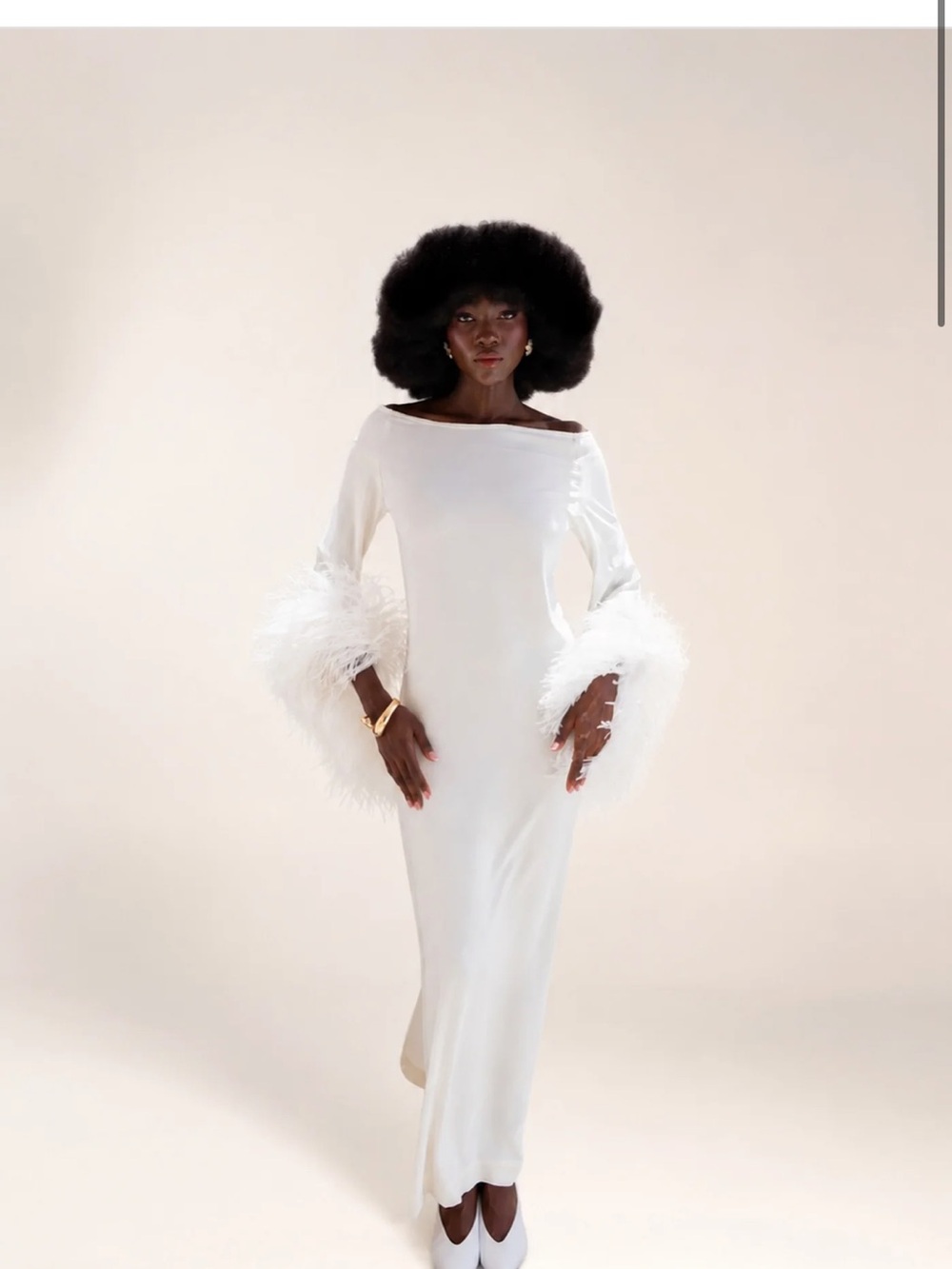 White Long-Sleeve Feather-Cuff Evening Dress